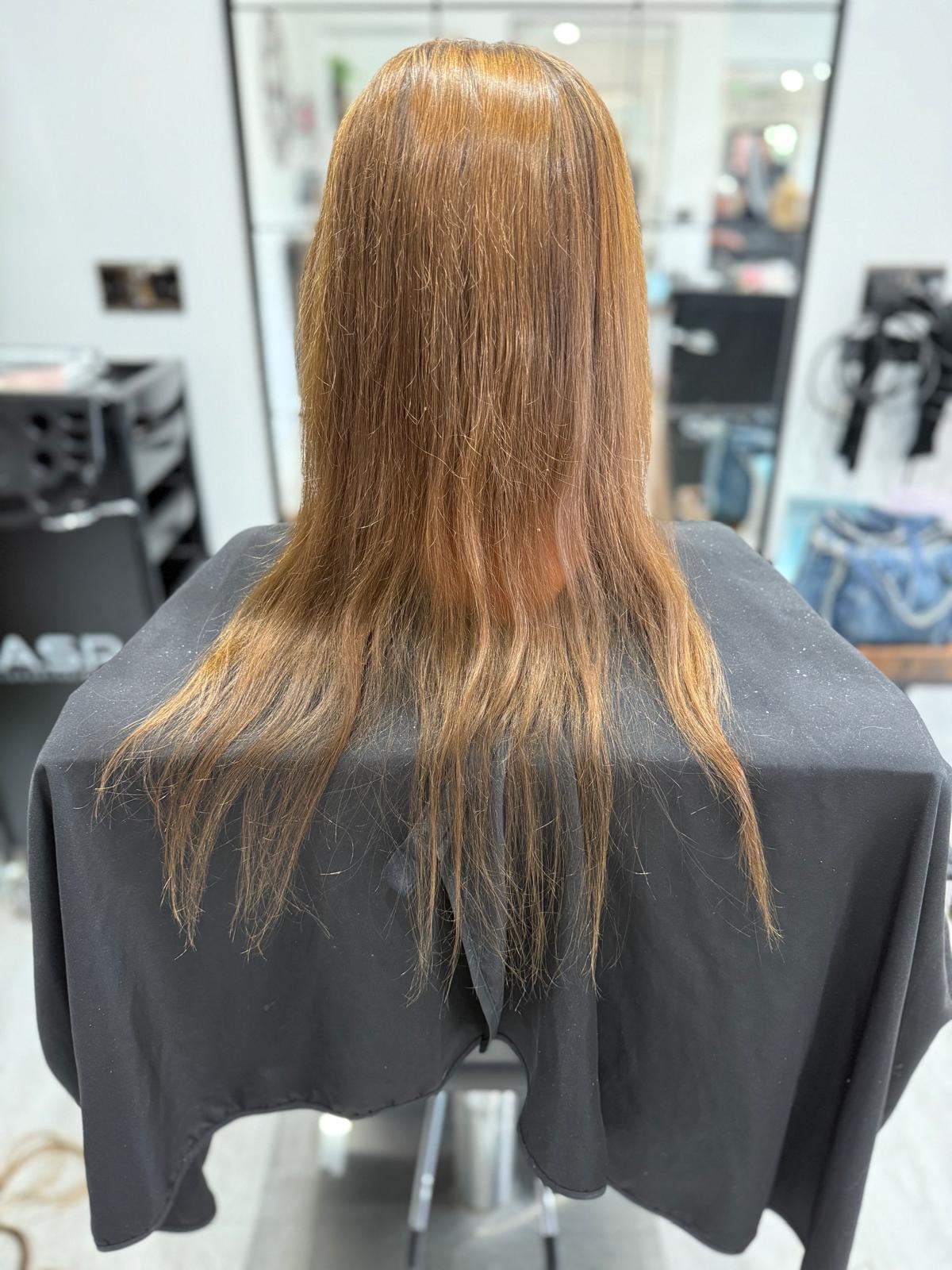 Before photo of warm blonde hair before a Rebecca Jane Hair appointment
