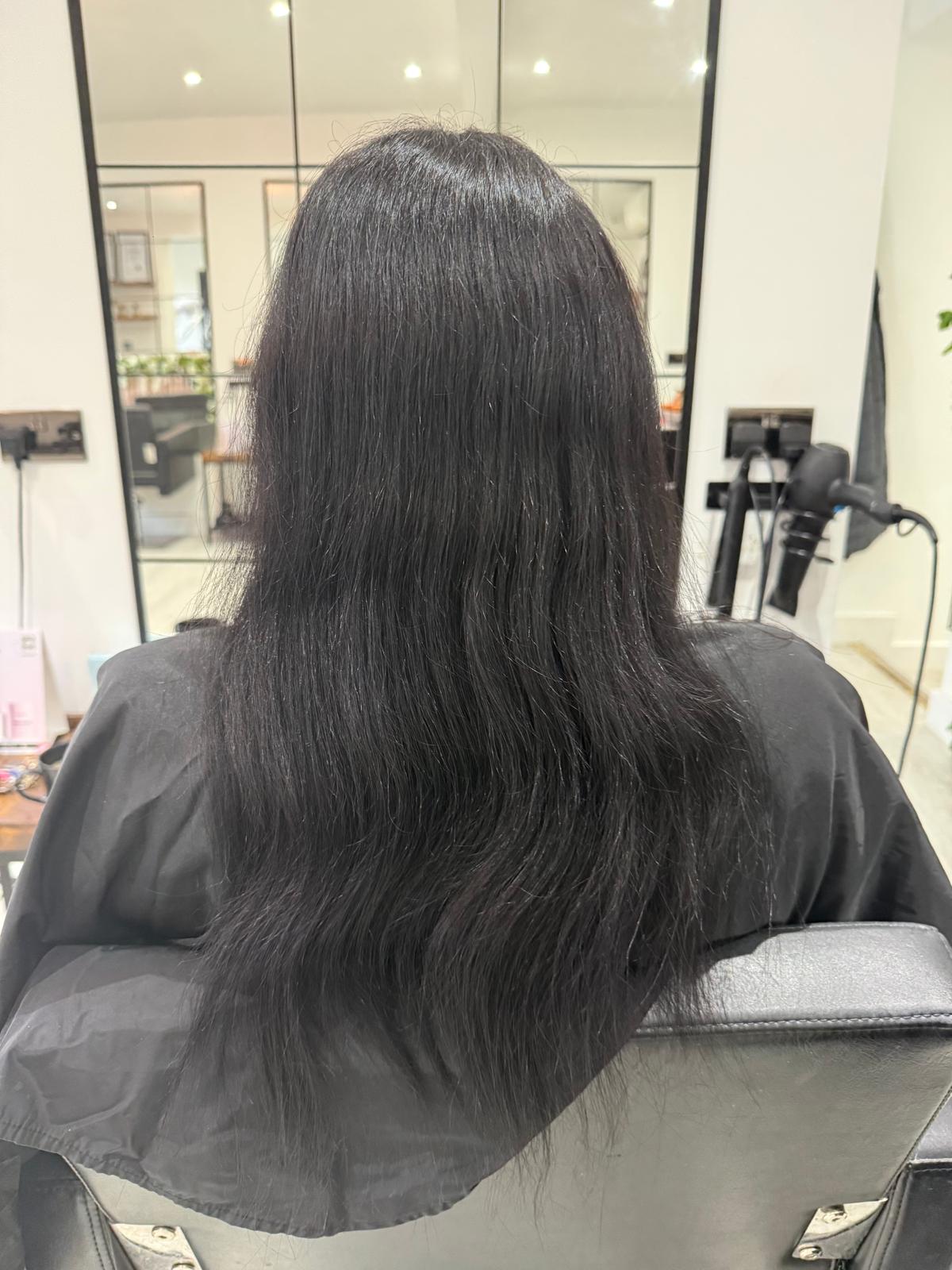 Before photo of long dark hair before a Rebecca Jane Hair appointment