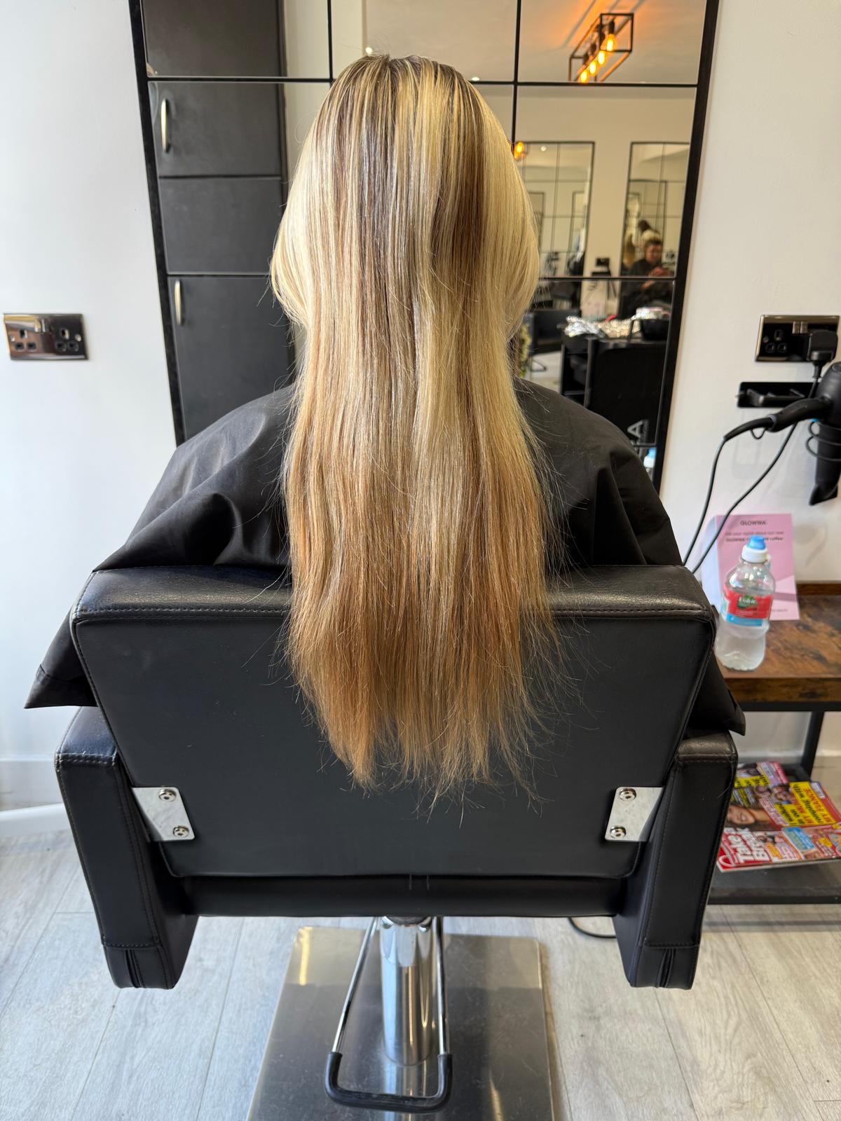 Before photo of straight blonde hair before a Rebecca Jane Hair appointment