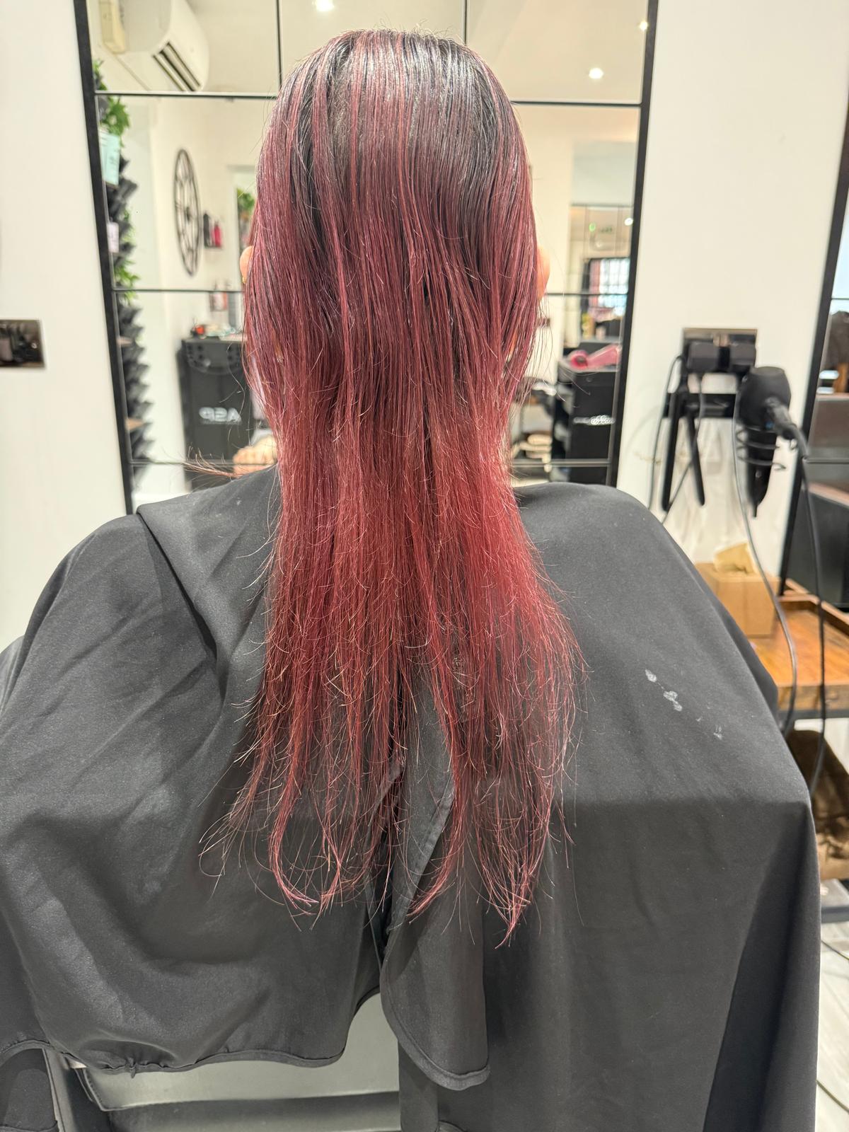 Before photo of red-toned long hair before a Rebecca Jane Hair appointment